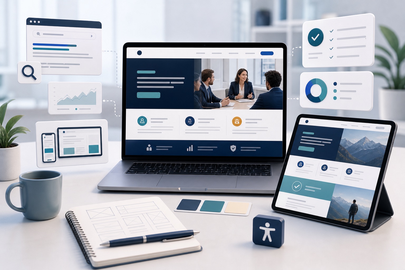 Illustration of a modern business website shown across laptop and tablet with SEO, landing page and accessibility elements.