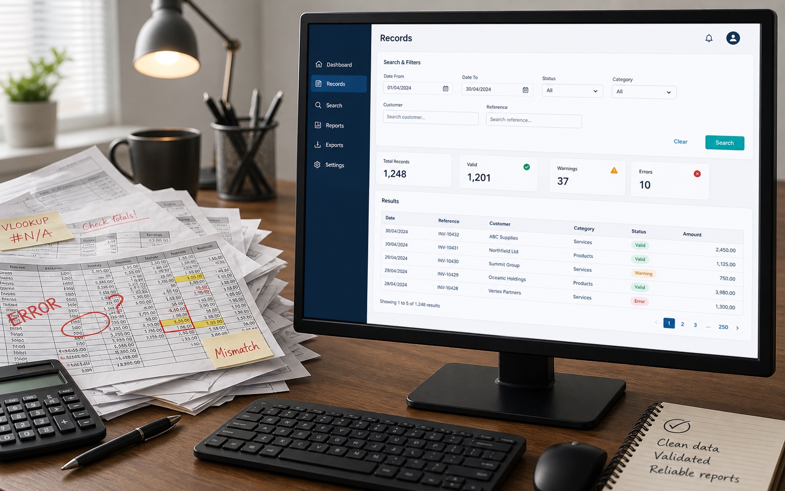 Desktop PC and spreadsheet papers showing a spreadsheet being replaced by a web app.